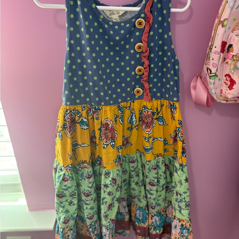 Matilda Jane Navy & Green Polka Dot Tiered Floral Dress with Yellow Accents